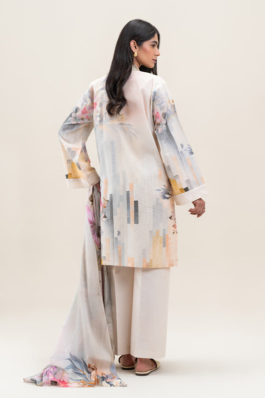 3 PIECE PRINTED LAWN LAWN SUIT-CERULEAN GRID (UNSTITCHED)