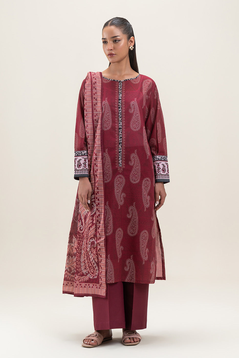 3 PIECE PRINTED LAWN SUIT-MALEFICENT MAROON (UNSTITCHED)