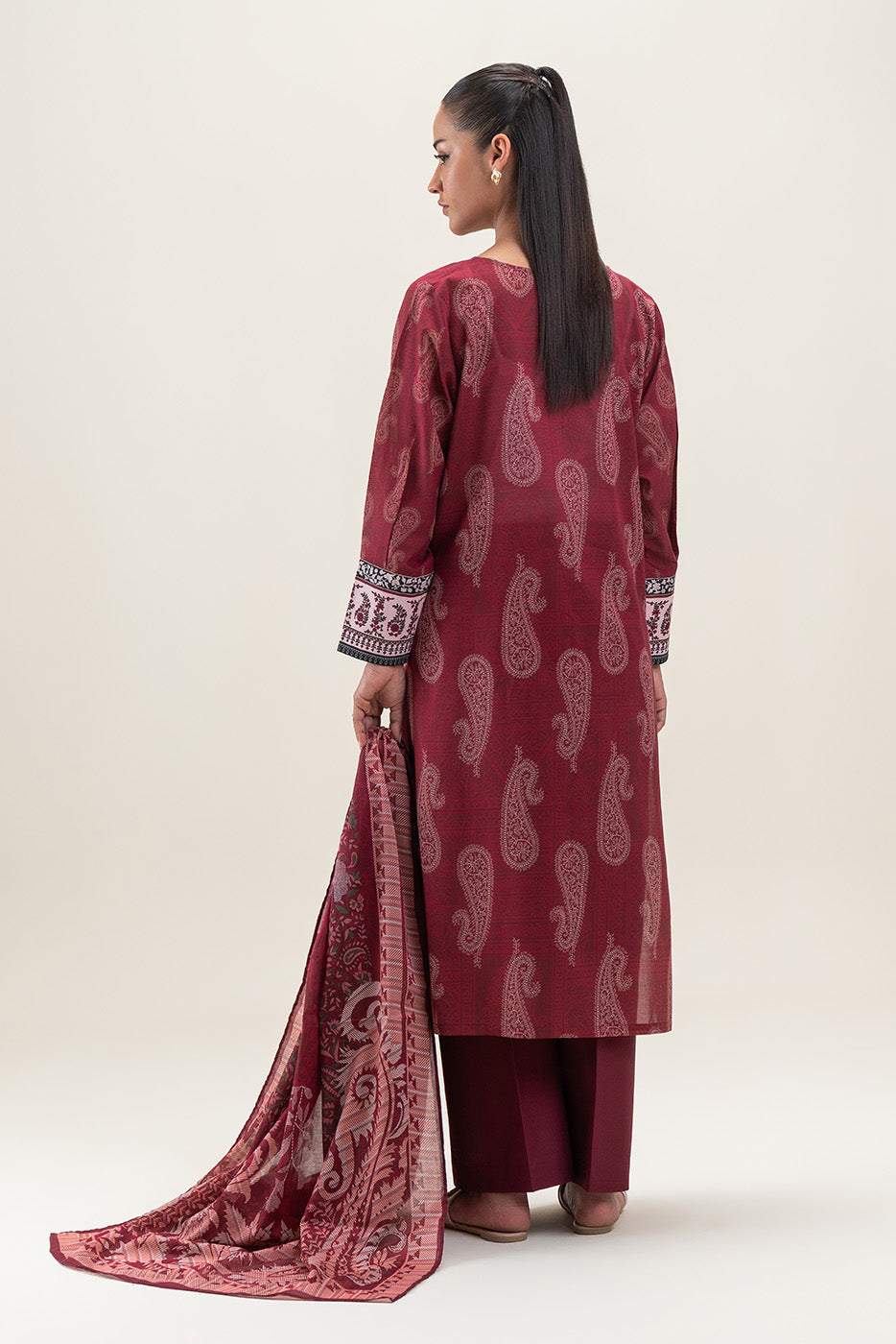 3 PIECE PRINTED LAWN SUIT-MALEFICENT MAROON (UNSTITCHED)