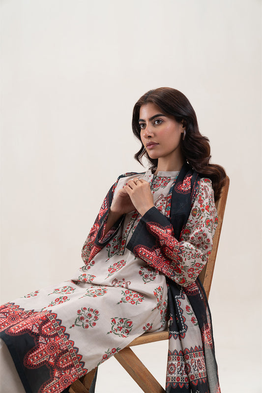 3 PIECE PRINTED LAWN SUIT-SOFT BREEZE (UNSTITCHED)