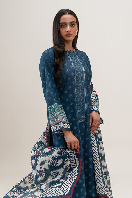3 PIECE PRINTED LAWN SUIT-INDIGO HAZE (UNSTITCHED)