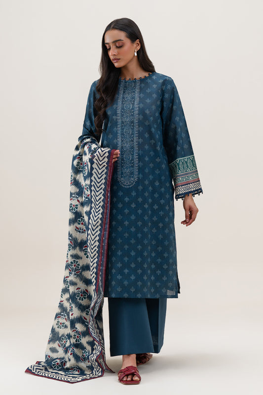 3 PIECE PRINTED LAWN SUIT-INDIGO HAZE (UNSTITCHED)