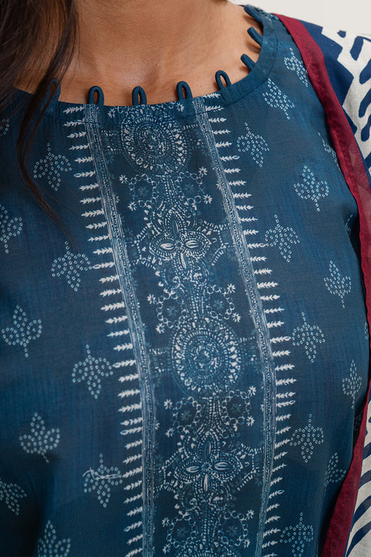 3 PIECE PRINTED LAWN SUIT-INDIGO HAZE (UNSTITCHED)