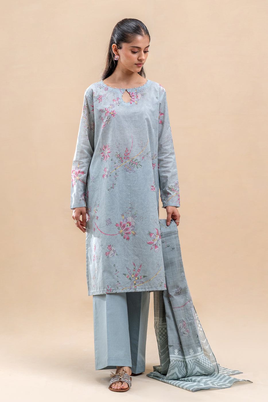 3 PIECE PRINTED LAWN SUIT-BALLARD BLUE (UNSTITCHED)