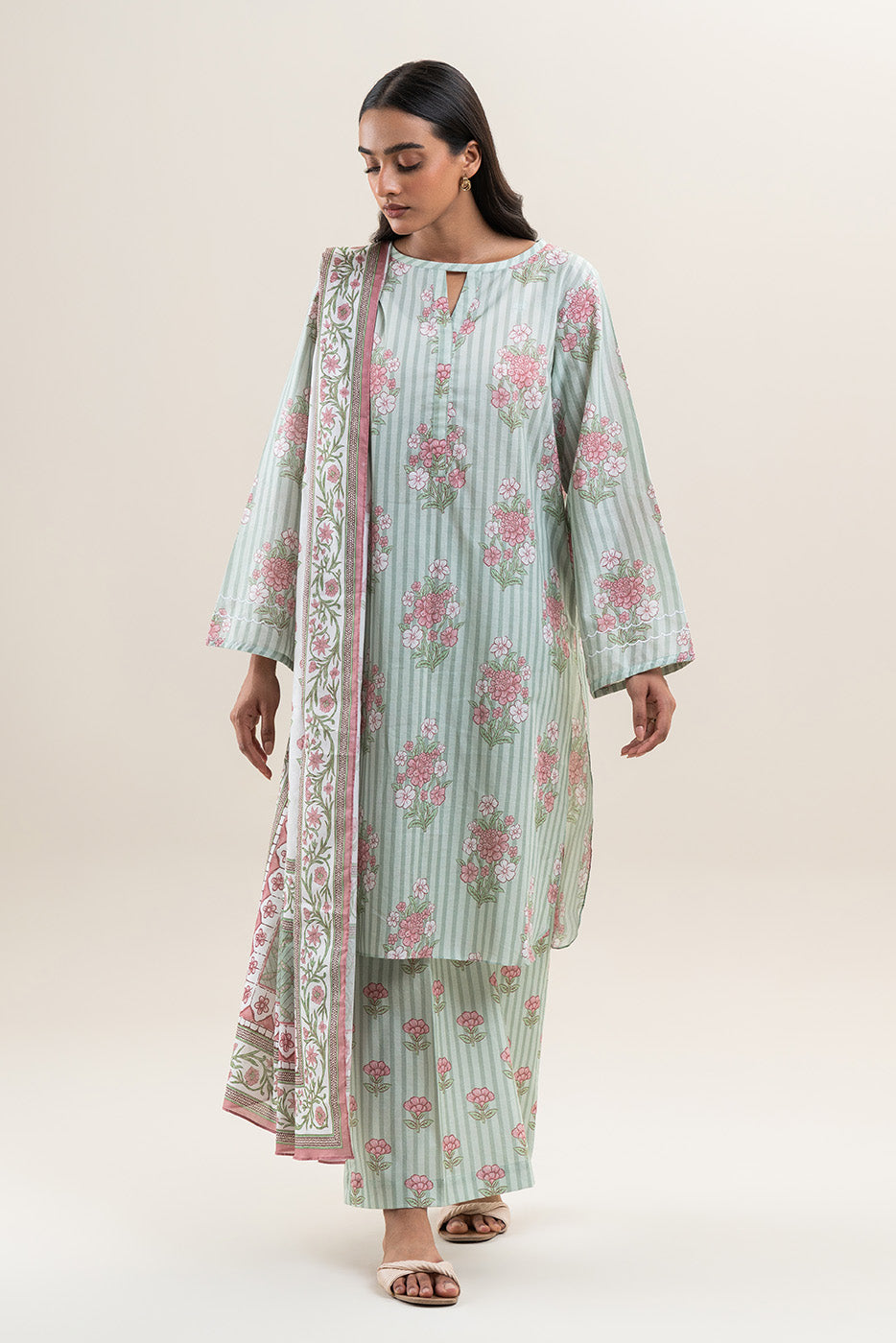 3 PIECE PRINTED LAWN SUIT-MINT BLOOM (UNSTITCHED)