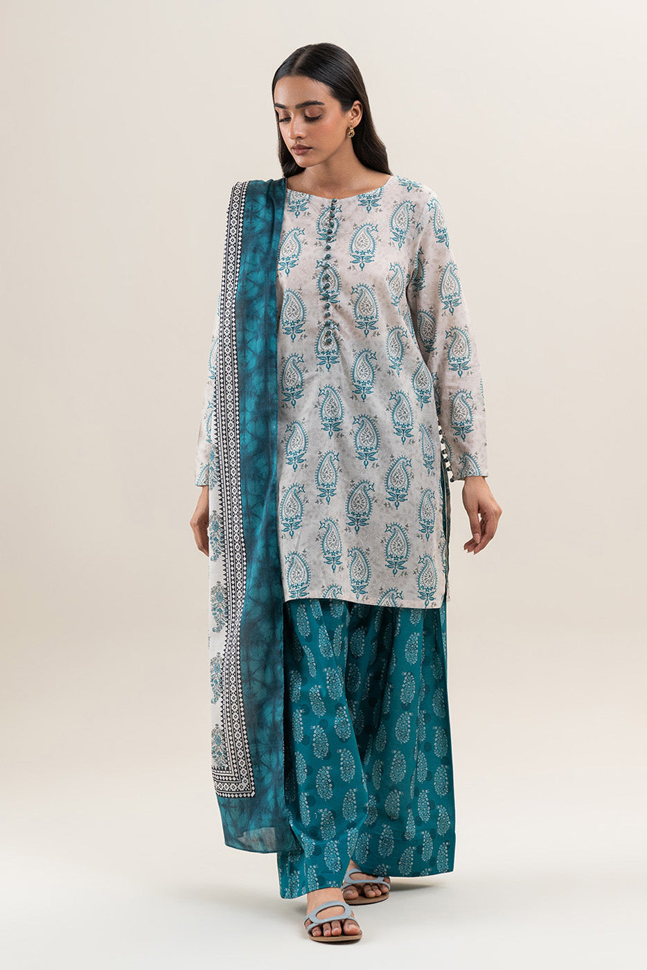 3 PIECE PRINTED LAWN SUIT-BEIGE VERVE (UNSTITCHED)