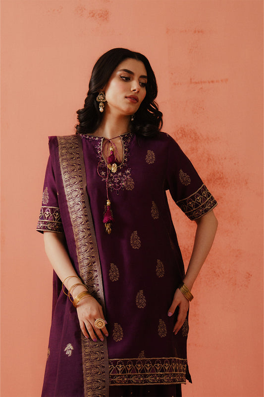 3 PIECE EMBROIDERED LUREX YAN DYED JACQUARD SUIT-DEEP BERRY (UNSTITCHED)