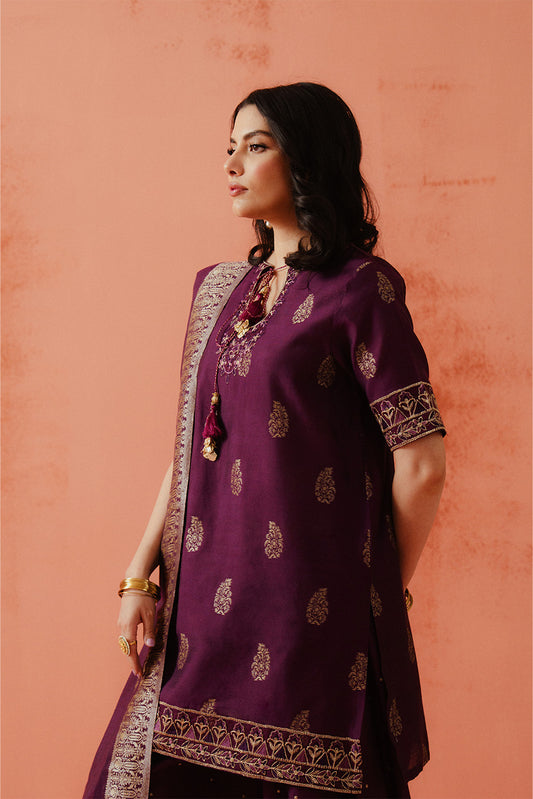 3 PIECE EMBROIDERED LUREX YAN DYED JACQUARD SUIT-DEEP BERRY (UNSTITCHED)