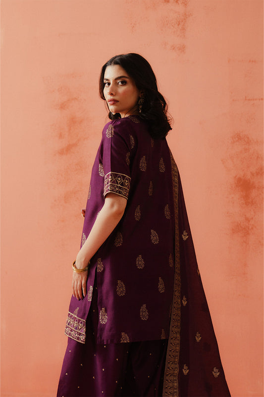 3 PIECE EMBROIDERED LUREX YAN DYED JACQUARD SUIT-DEEP BERRY (UNSTITCHED)
