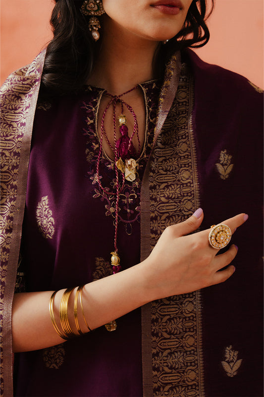 3 PIECE EMBROIDERED LUREX YAN DYED JACQUARD SUIT-DEEP BERRY (UNSTITCHED)