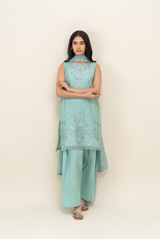 3 PIECE EMBROIDERED SELF JACQUARD SUIT-AQUA FROST (UNSTITCHED)