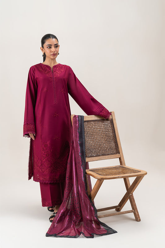 3 PIECE EMBROIDERED LAWN SUIT-GARNET MUSK (UNSTITCHED)
