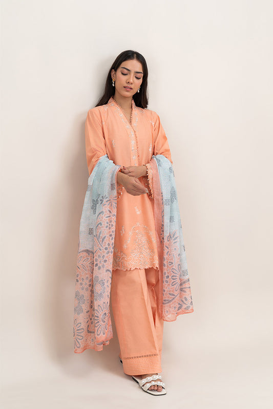 3 PIECE EMBROIDERED LAWN SUIT-CORAL GLOW (UNSTITCHED)