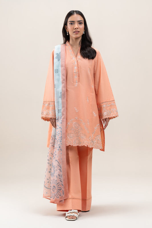 3 PIECE EMBROIDERED LAWN SUIT-CORAL GLOW (UNSTITCHED)