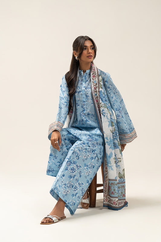 3 PIECE PRINTED LAWN SUIT-CHAMBRAY BLUE (UNSTITCHED)