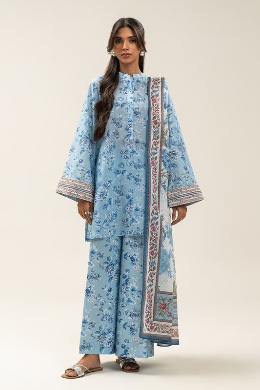 3 PIECE PRINTED LAWN SUIT-CHAMBRAY BLUE (UNSTITCHED)