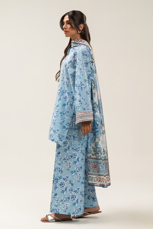 3 PIECE PRINTED LAWN SUIT-CHAMBRAY BLUE (UNSTITCHED)
