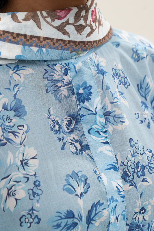 3 PIECE PRINTED LAWN SUIT-CHAMBRAY BLUE (UNSTITCHED)