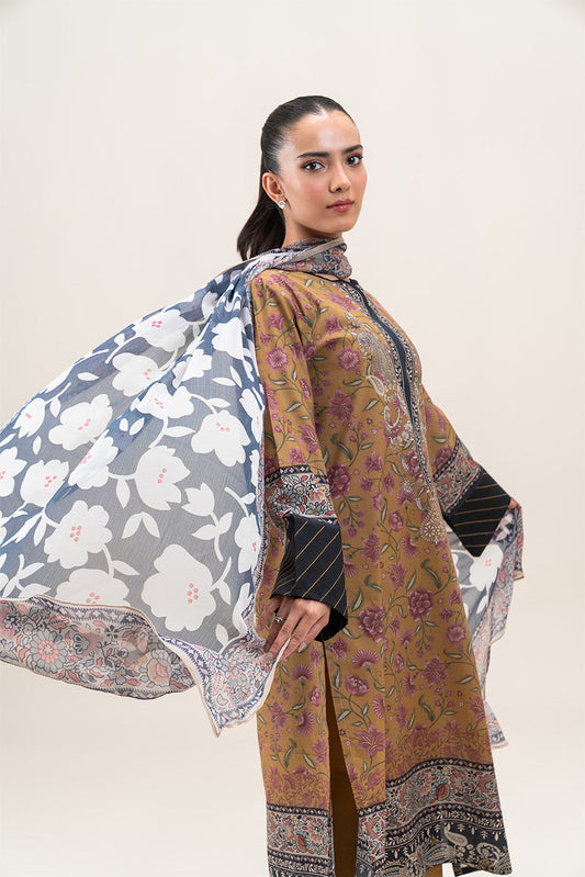3 PIECE PRINTED LAWN SUIT-MUSTARD FLARE (UNSTITCHED)