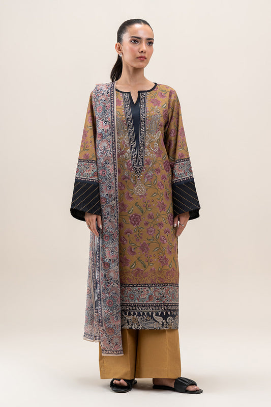 3 PIECE PRINTED LAWN SUIT-MUSTARD FLARE (UNSTITCHED)