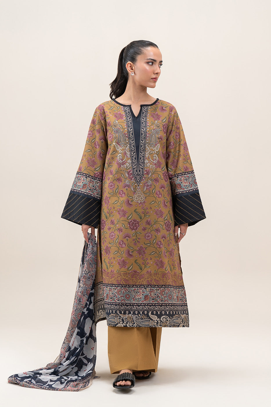3 PIECE PRINTED LAWN SUIT-MUSTARD FLARE (UNSTITCHED)
