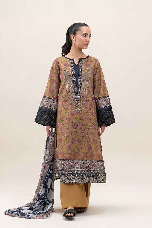 3 PIECE PRINTED LAWN SUIT-MUSTARD FLARE (UNSTITCHED)