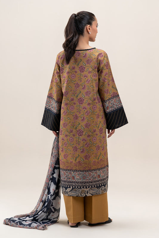3 PIECE PRINTED LAWN SUIT-MUSTARD FLARE (UNSTITCHED)