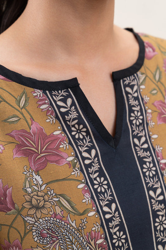 3 PIECE PRINTED LAWN SUIT-MUSTARD FLARE (UNSTITCHED)