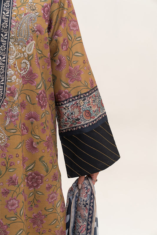 3 PIECE PRINTED LAWN SUIT-MUSTARD FLARE (UNSTITCHED)