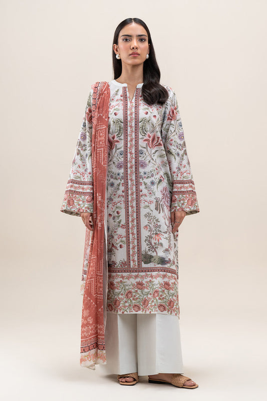3 PIECE PRINTED LAWN SUIT-IVORY ORCHID (UNSTITCHED)