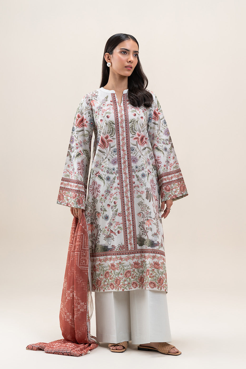 3 PIECE PRINTED LAWN SUIT-IVORY ORCHID (UNSTITCHED)
