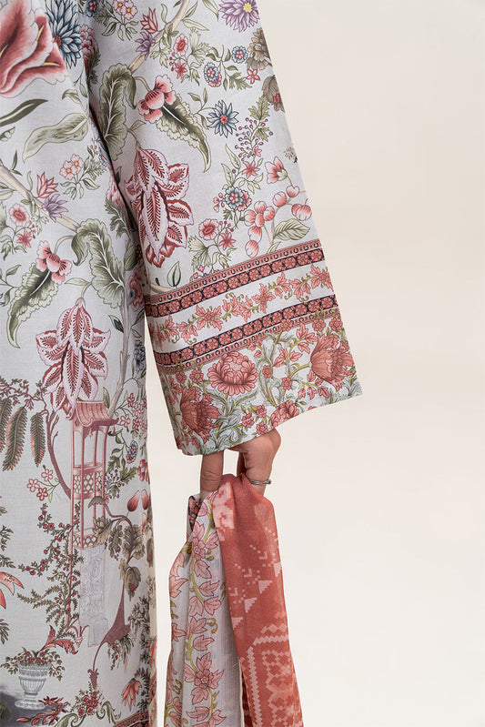 3 PIECE PRINTED LAWN SUIT-IVORY ORCHID (UNSTITCHED)