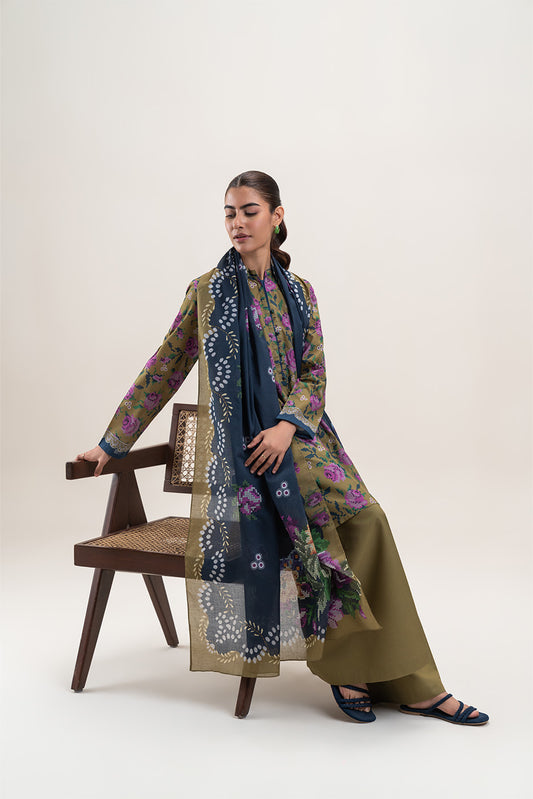 3 PIECE PRINTED LAWN SUIT-OLIVE MIST (UNSTITCHED)