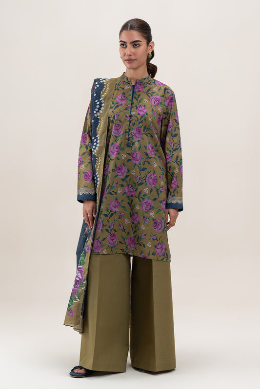 3 PIECE PRINTED LAWN SUIT-OLIVE MIST (UNSTITCHED)