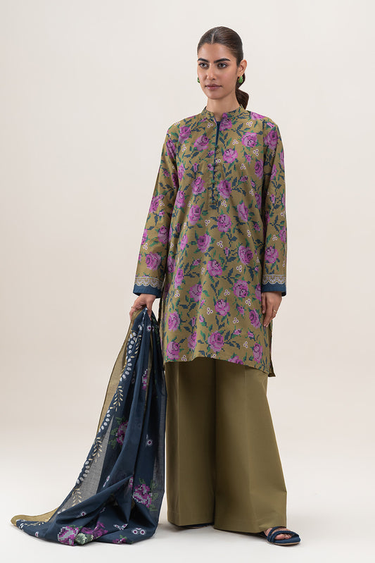 3 PIECE PRINTED LAWN SUIT-OLIVE MIST (UNSTITCHED)