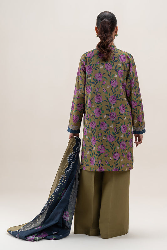 3 PIECE PRINTED LAWN SUIT-OLIVE MIST (UNSTITCHED)
