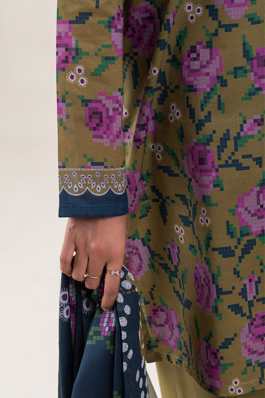 3 PIECE PRINTED LAWN SUIT-OLIVE MIST (UNSTITCHED)