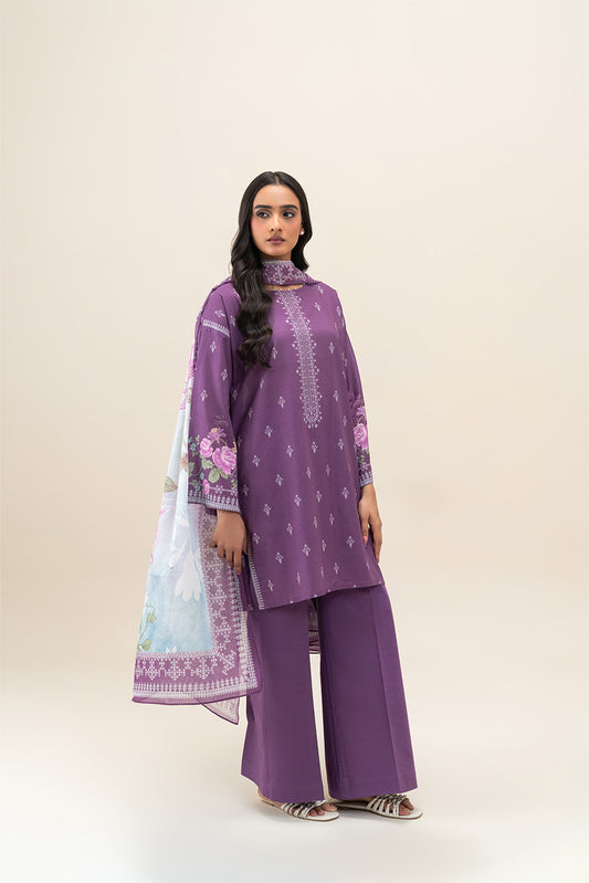 3 PIECE PRINTED LAWN SUIT-CARMIN ROSE (UNSTITCHED)