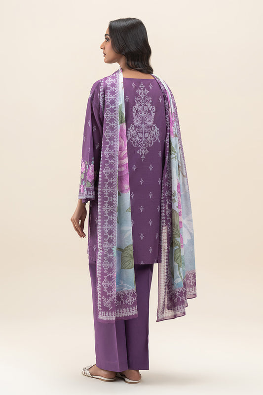 3 PIECE PRINTED LAWN SUIT-CARMIN ROSE (UNSTITCHED)