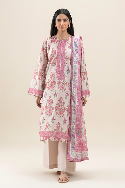 3 PIECE PRINTED LAWN SUIT-CARMINE ROSE (UNSTITCHED)