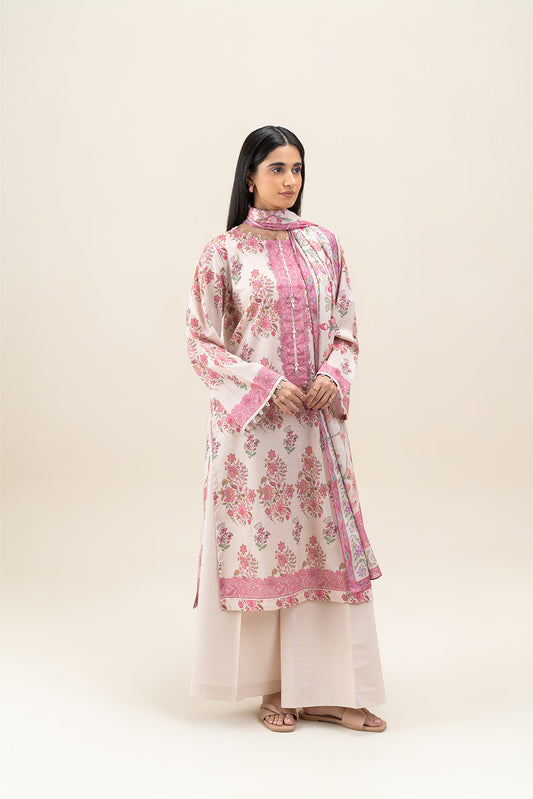 3 PIECE PRINTED LAWN SUIT-CARMINE ROSE (UNSTITCHED)