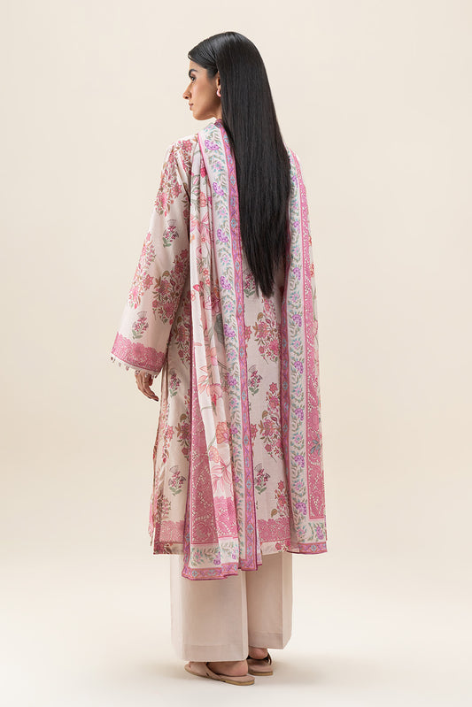 3 PIECE PRINTED LAWN SUIT-CARMINE ROSE (UNSTITCHED)