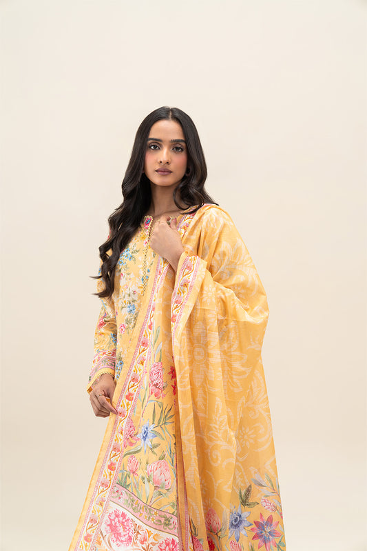 3 PIECE PRINTED LAWN SUIT-MUSTARD MIRAGE (UNSTITCHED)