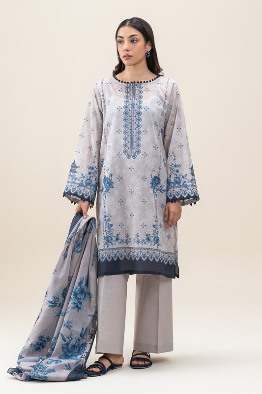 3 PIECE PRINTED LAWN SUIT-AEGAN ASH (UNSTITCHED)