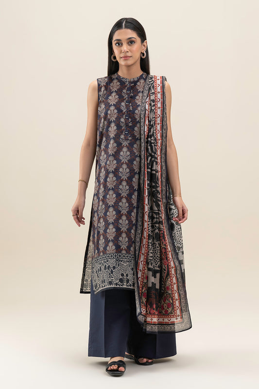 3 PIECE PRINTED LAWN SUIT-PITCH ASH (UNSTITCHED)