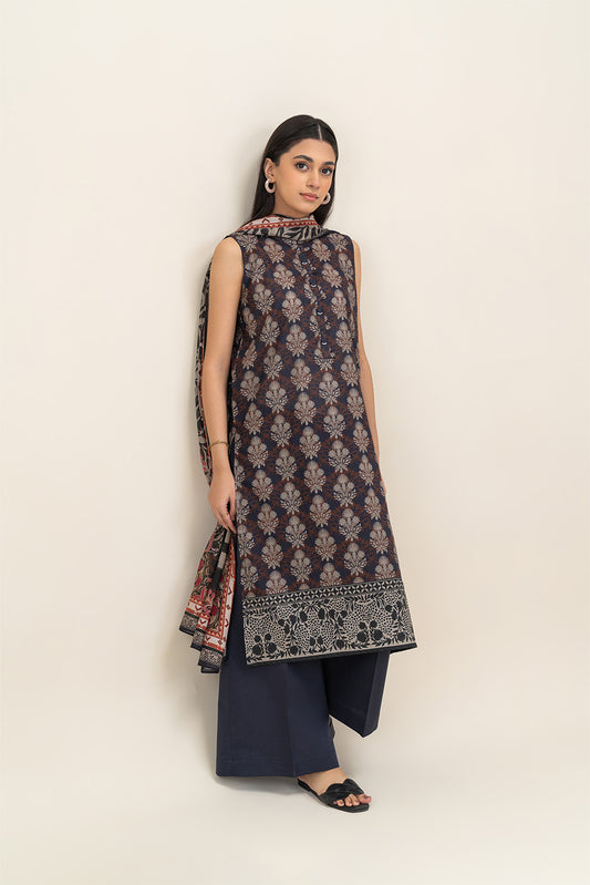 3 PIECE PRINTED LAWN SUIT-PITCH ASH (UNSTITCHED)
