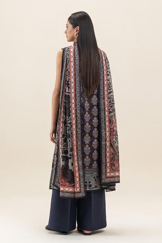 3 PIECE PRINTED LAWN SUIT-PITCH ASH (UNSTITCHED)