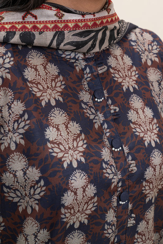 3 PIECE PRINTED LAWN SUIT-PITCH ASH (UNSTITCHED)