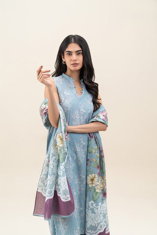 3 PIECE PRINTED LAWN SUIT-ICE BLUE (UNSTITCHED)