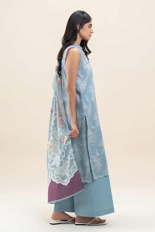 3 PIECE PRINTED LAWN SUIT-ICE BLUE (UNSTITCHED)